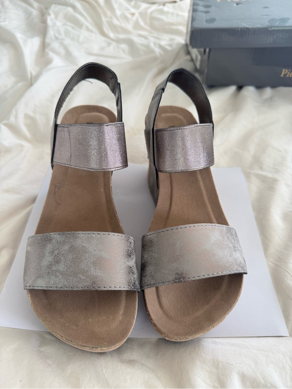 Pierre Dumas Metallic Pewter Slingback Wedge Sandals